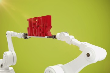 Poster - Composite image of robotic hand holding red team work text over