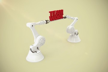 Poster - Composite image of metallic robotic hand holding team work text