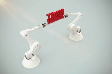 Poster - Composite image of robotic hand holding team work message