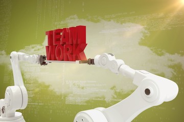 Poster - Composite image of robotic hand holding red team work text over