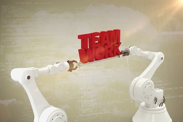 Poster - Composite image of metallic robotic hand holding team work text