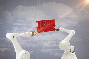Poster - Composite image of mechanical hands holding red team work