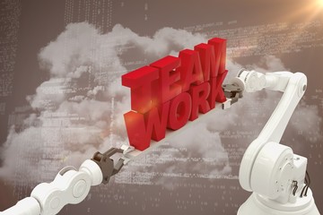 Poster - Composite image of robotic hand holding red team work text