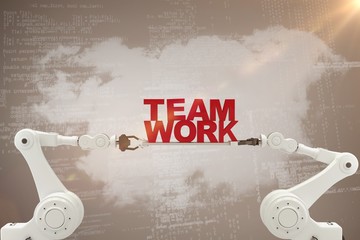 Poster - Composite image of robotic hand holding red team work text over