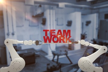 Poster - Composite image of robotic hand holding red team work text over