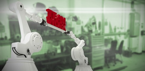 Poster - Composite image of low angle view of white robotic hand holding