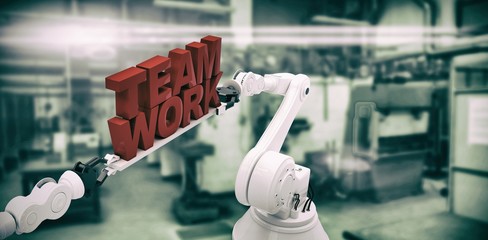 Poster - Composite image of robotic hand holding red team work text