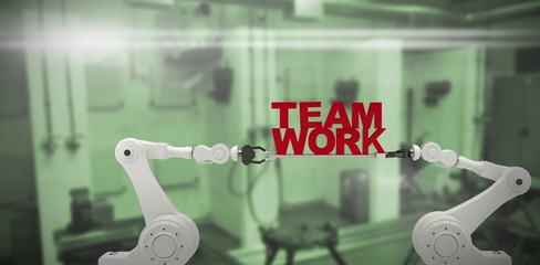 Poster - Composite image of robotic hand holding red team work text over