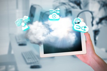 Poster - Composite image of feminine hand holding tablet