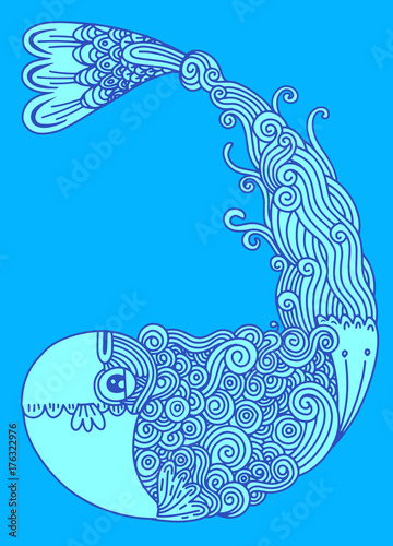 Zdjęcie XXL Dekoracyjny rybi rysunek z abstrakcjonistycznymi ornamentami. Ręka rysująca doodle konturu ryba ilustracja.