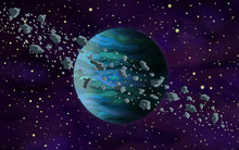 Original Exotic Fantasy Blue Alien Planet With Asteroid Belt Around It.  Space Scene Environment. Video Game, Digital CG Artwork, Concept Illustration. US Animated Cartoon Style Background