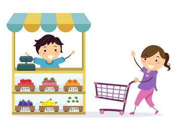Wall Mural - Stickman Kids Play Grocery Shop Illustration