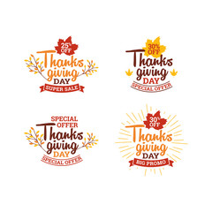 Set of Thanksgiving Day Autumn or Fall Season with Dried Leaves Illustration Shopping Sale Promotion Logo, Badge, Banner, Sticker, Emblem, Icon Colllection