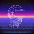 80s Retro Sci-Fi Background with VR Headset. Vector futuristic synth retro wave illustration in 1980s posters style. Suitable for any print design in 80s style