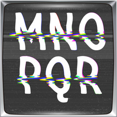 Poster - Font with glitch effect on TV screen background. Vector distorted letters from M to R on retro CRT screen