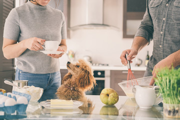 Wall Mural - Couple with dog is making breakfast .