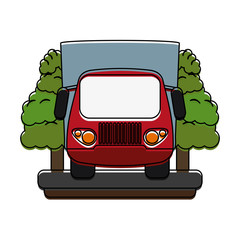 Sticker - truck  surrounded by trees frontview icon image vector illustration design 