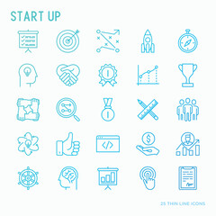 Start up thin line icons set of development, growth, success, idea, investment. Vector illustration for banner, web page, print media.