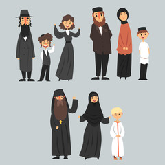 Poster - People of different religions in traditional clothes, Jewish, Muslim, Orthodox family vector Illustrations