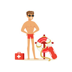 Wall Mural - Male lifeguard in red shorts with equipment on the beach, professional rescuer on the beach vector Illustration