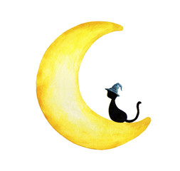 Hand drawn watercolor painting of black cat wearing witch hat sitting on the moon.