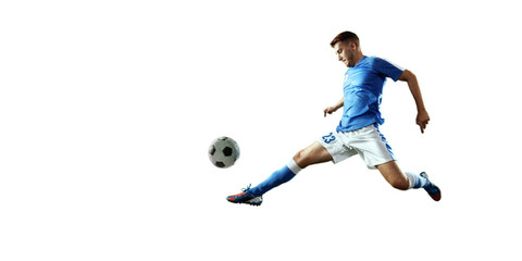 Soccer player performs an action play and beats the ball. Isolated football player in unbranded sport uniform on a white background.