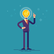 Businessman In Formal Suit With Light Bulb Instead Of His Head And A Raised Finger Up. Idea Concept. Modern Vector Illustration In Flat Style.