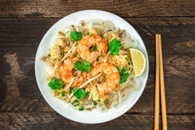 Shrimp Pad Thai Plate From Above With Copy Space