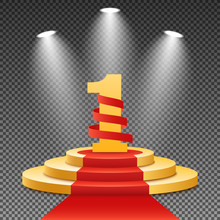 Gold Podium With A Red Carpet On A Transparent Background. The Winner Is In First Place. Bright White Light From Searchlights. Gold Pedestal. Number One. Festive Event. Vector