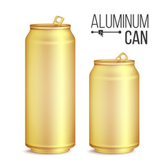 Sticker - 3d cans set vector. gold, yellow can. beer, lager, alcohol, soft drink, soda. 500 and 300 ml. isolat