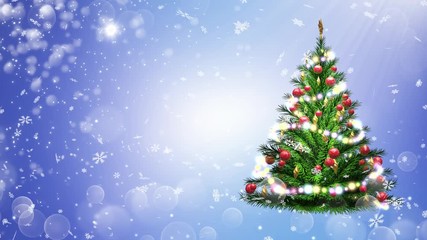 Wall Mural - 3d illustration of green Christmas tree over blue background with snowflakes and red balls