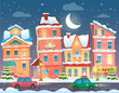 Vector Xmas card with a decorated snowy old city town at Christmas eve in night.