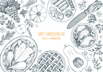 Thanksgiving day top view vector illustration. Food hand drawn sketch. Festive dinner with turkey and potato, apple pie, vegetables, fruits and berries. Autumn food sketch. Engraved image.