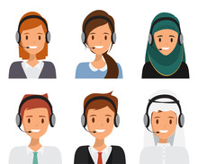 Call Center People Team Work. Customer Service Character. Illustration Vector Of Avatar Woman.
