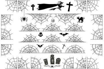 Halloween spiderweb borders and corners. Vector cobweb frame and dividers isolated on white with spider web for scary design.