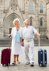 Wall Mural - Senior woman and man travelling together, walking with baggage on city