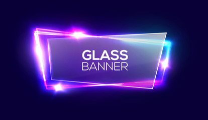 Wall Mural - night club neon sign with textured transparent glass plate. 3d light signboard with shining neon eff
