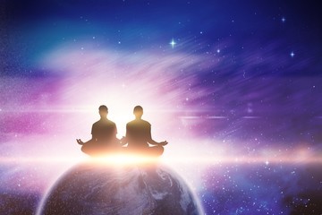 Poster - Composite image of silhouette man and woman doing meditation