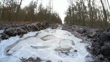 Walking And Breaking The Ice On The Forest Dirt Road Near Lublin, Poland