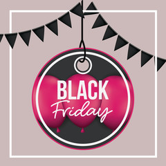 Poster - background with white frame and thistle color background with black festoons with pendant circular tag of black friday offer with magenta balloons and black backdrop