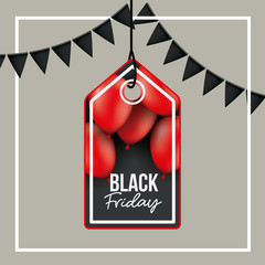 Poster - background with white frame and gray background with black festoons with pendant rectangular tag with triangle top side of black friday offer with red balloons and black backdrop