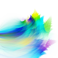 Abstract Blue, Green And Yellow Leaves On White Background. Fantasy Fractal Texture. 3D Rendering.