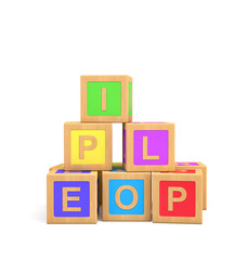 Poster - 3d rendering of colorful toy blocks with different English letters isolated on a white background.