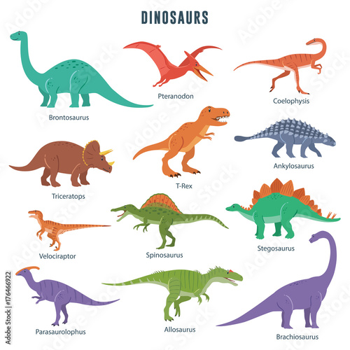 Set of dinosaurs including T-rex, Brontosaurus, Triceratops, Velociraptor, Pteranodon, Allosaurus, etc Canvas Print