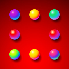 Poster - Abstract background frame with shiny memphis acid colored balls over red hot backdrop