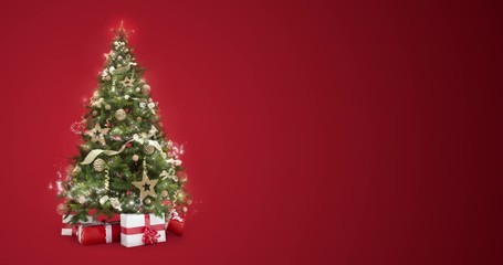 looping lights decorated xmas tree with gift boxes and magic lights on red background with text spac