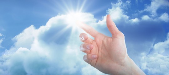 Poster - Composite image of hand of man pretending to touch an invisible