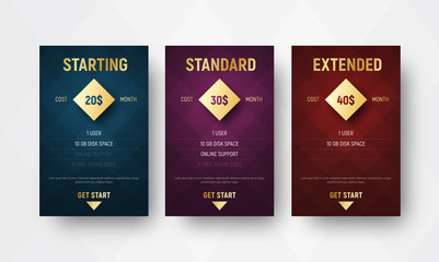 Poster - Design of vector premium tables with rhombuses on the background and a gold diamond for the price