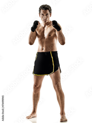 Leinwand Poster one caucasian Muay Thai kickboxing kickboxer thai boxing man isolated on white b