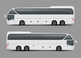 Blank white private charter, tour or coach bus right and left side view realistic vector template. Modern commercial passenger travel or tourist transport ready for brand, corporate ad mockup design